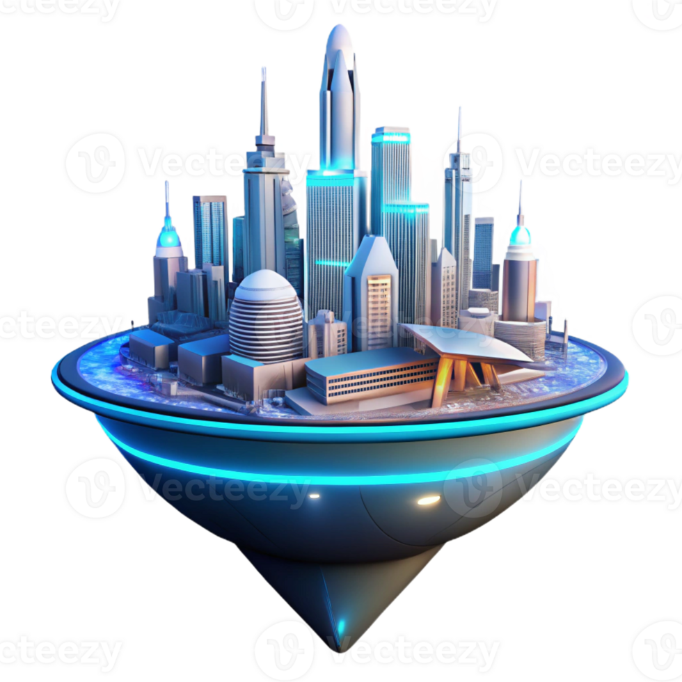 stunning creative A futuristic floating city, sleek white lines and glowing blue accents, lit by a neon sunrise, rendered in a cyberpunk style high quality png