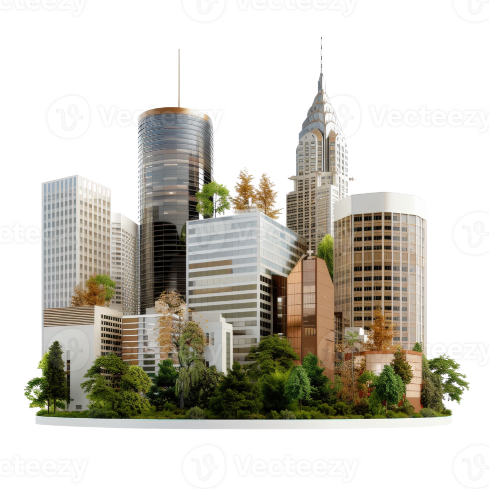 Modern City Skyline with Greenery and Diverse Architectural Styles in Urban Environment png