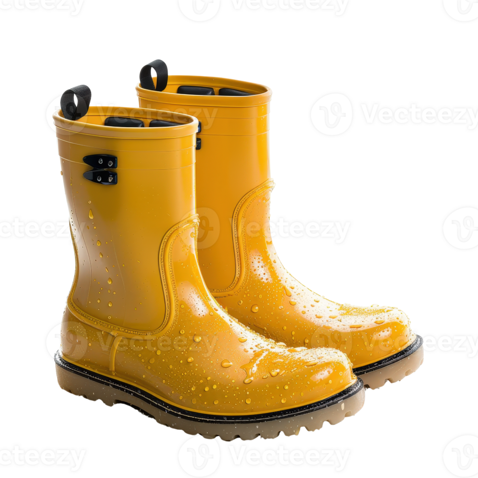 Bright Yellow Rain Boots with Water Droplets, Ideal for Wet Weather and Outdoor Activities png