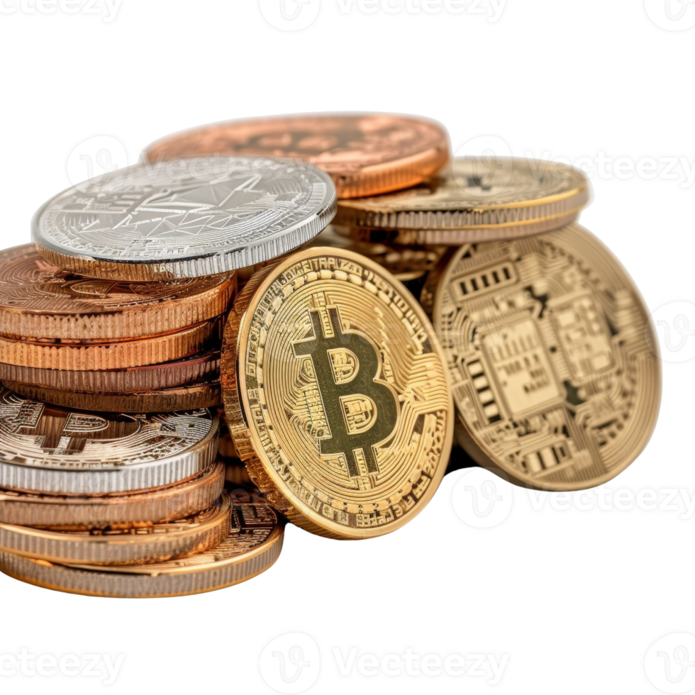 A Close-Up View of Various Cryptocurrency Coins Piled Together with Different Designs and Colors png