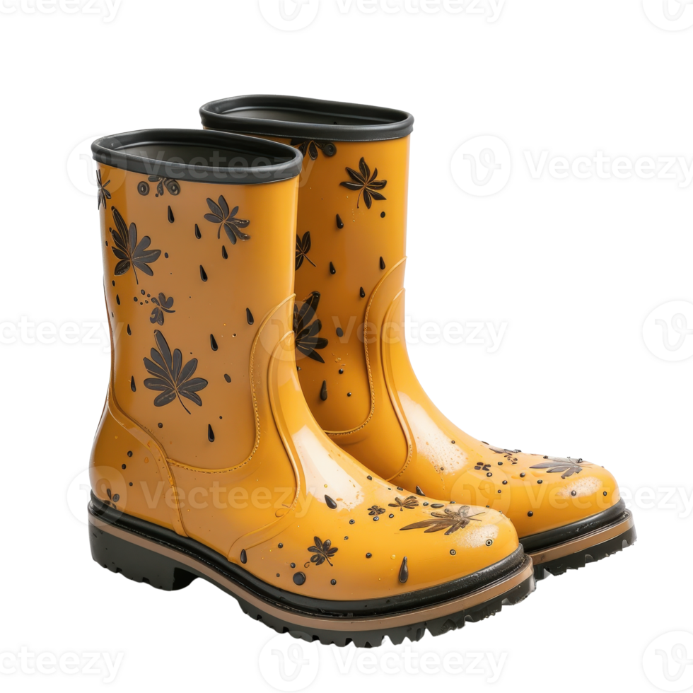 Bright Yellow Rubber Boots with Floral Patterns for Rainy Outdoor Activities and Gardening png