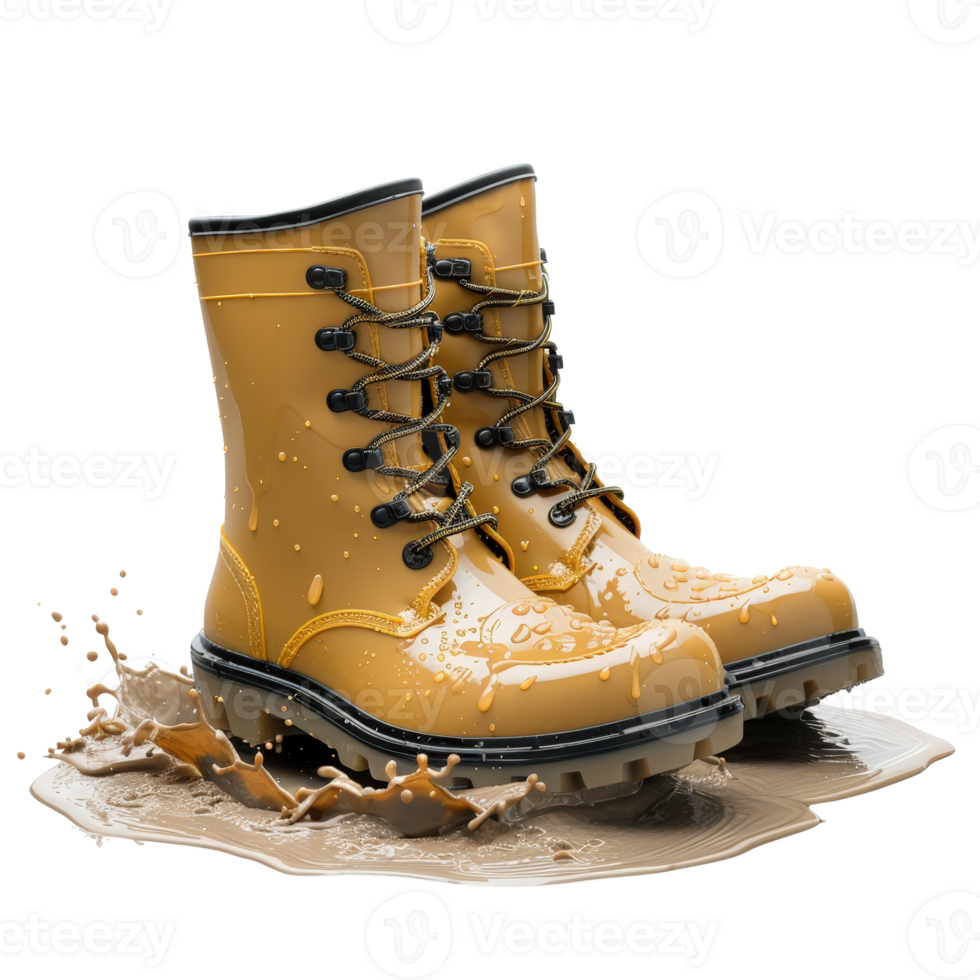 Yellow Rubber Boots in Puddle with Water Splash and Reflection on White Background png