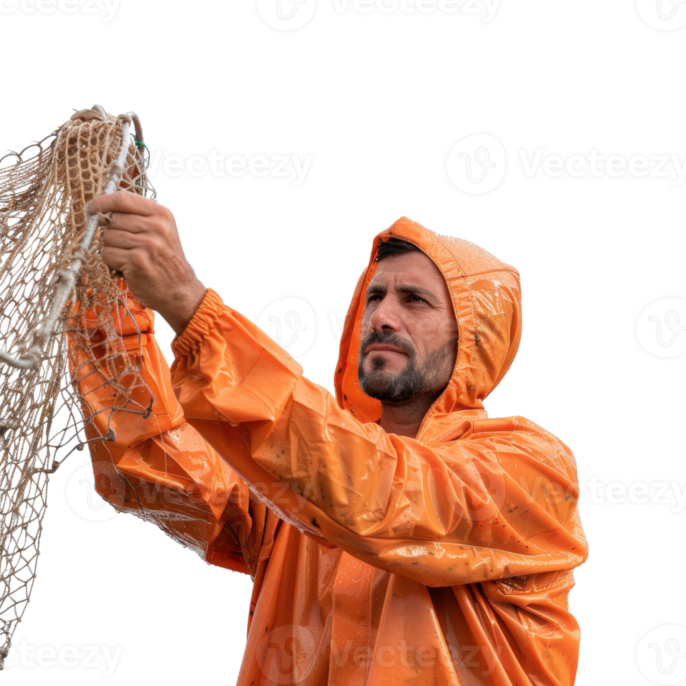 Fisherman in Orange Raincoat Holding Fishing Net Against Gray Background png