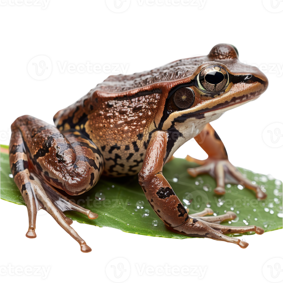 Brown Frog Sitting on Green Leaf with Water Droplets in Detail and Natural Habitat Setting png