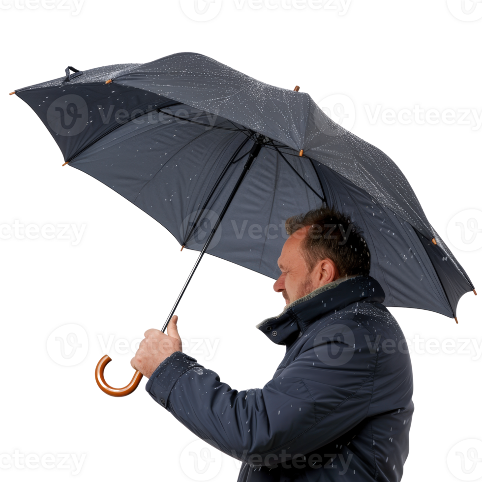 Man with Umbrella in Snowy Weather Enjoys Winter Scene Outdoors with Cozy Jacket and Warm Smile png