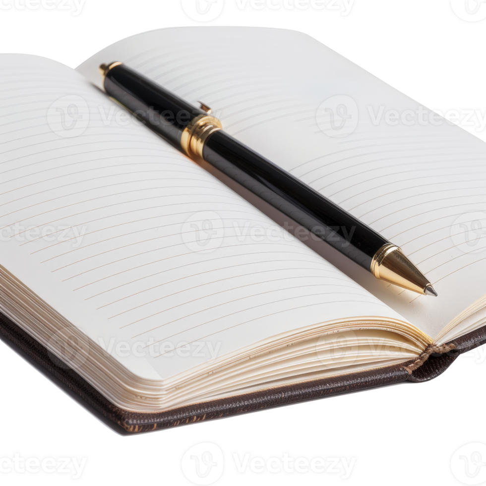 Elegant Black Pen Resting on an Open Diary with Blank Pages Ready for Creative Writing Ideas png