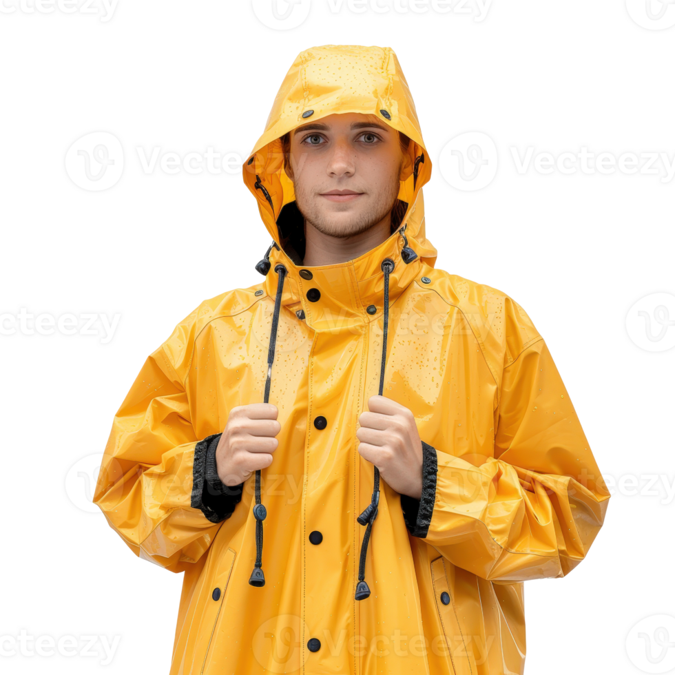 Young Adult in Yellow Raincoat with Hood Facing Forward in Studio Setting png