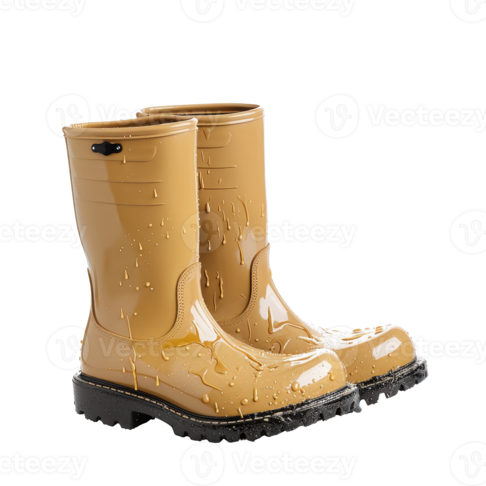 Bright Yellow Rubber Boots with Water Droplets on a White Background for Outdoor Activities png