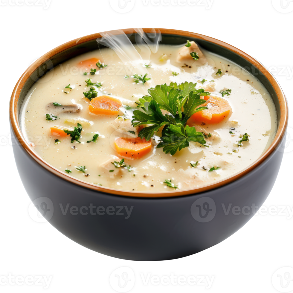 Delicious Creamy Chicken Soup with Vegetables and Fresh Herbs in a Warm Bowl png