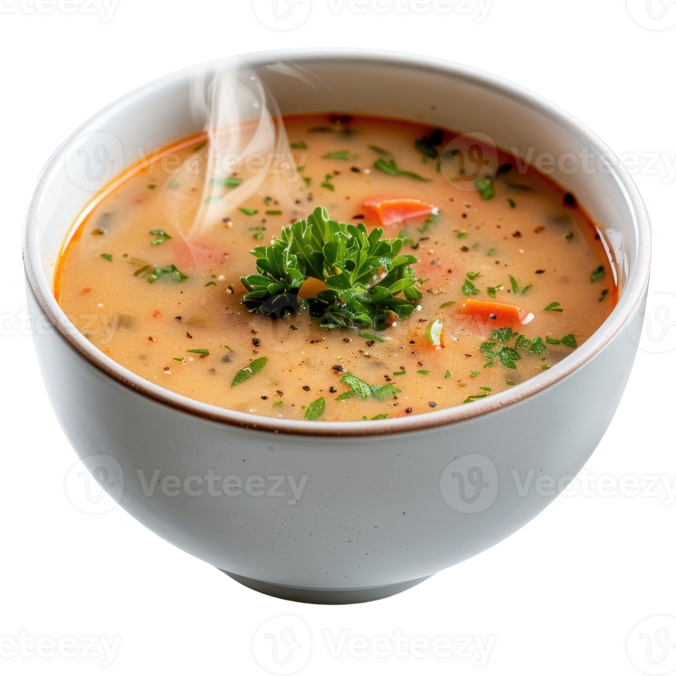 Warm and Creamy Vegetable Soup in a White Bowl with Fresh Herbs and Steaming Aroma png