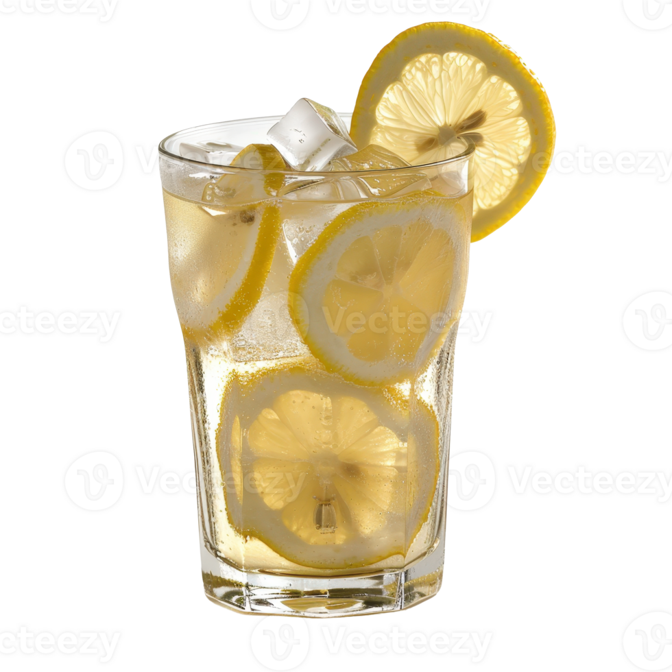 Refreshing Lemonade Cocktail with Ice and Lemon Slices in a Clear Glass png