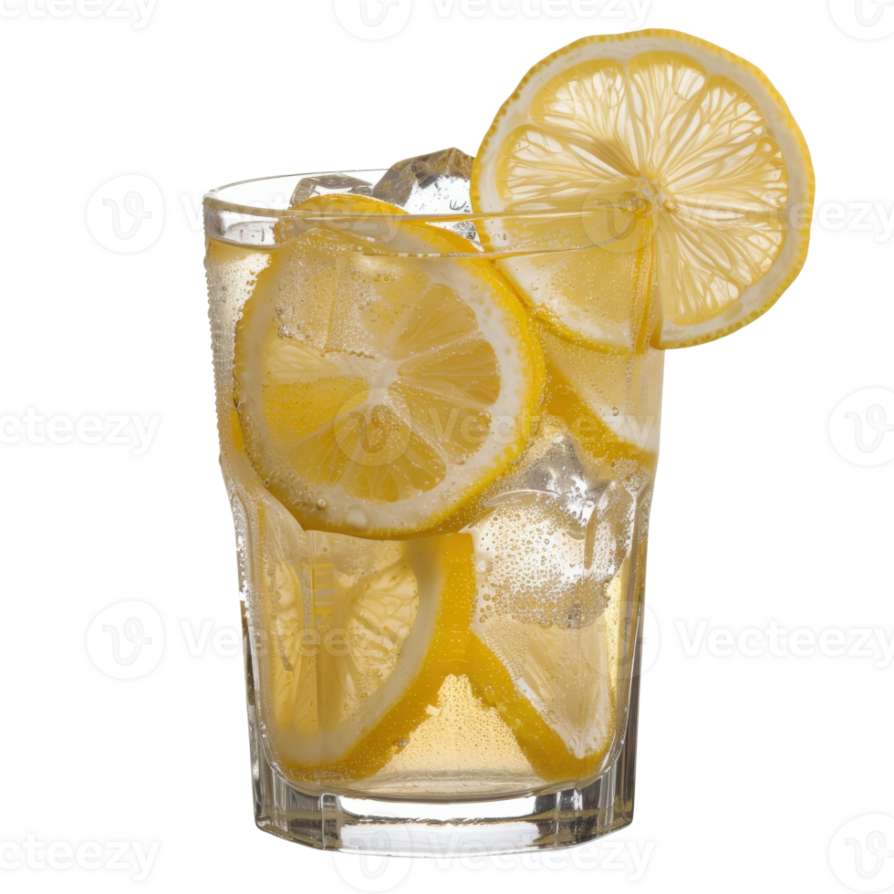 Refreshing Lemonade with Ice and Lemon Slices in a Clear Glass on a White Background png