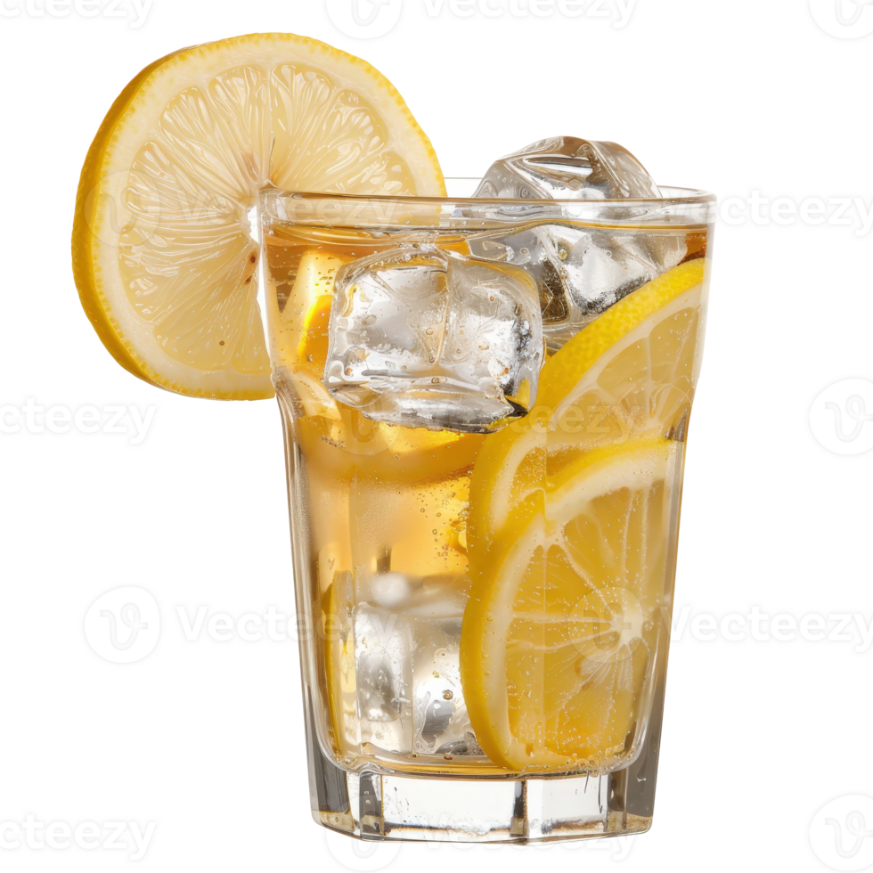 Refreshing Lemonade with Ice and Fresh Lemon Slices in a Clear Glass png