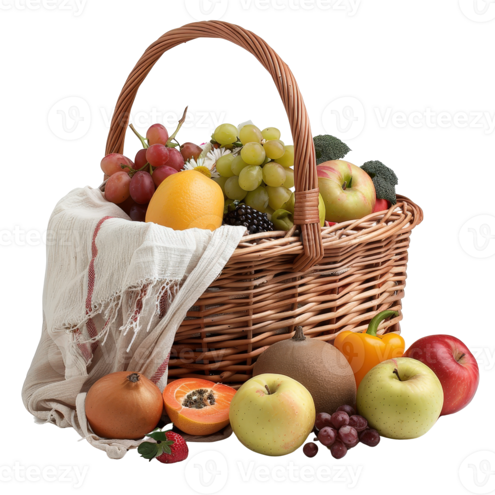 Assorted Fresh Fruits and Vegetables in a Rustic Wicker Basket on a White Background png