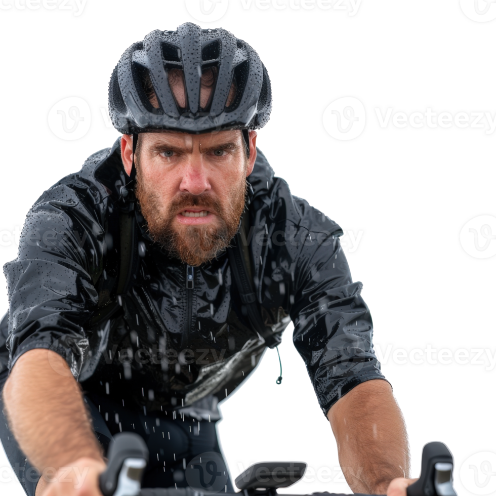 Intense Cyclist in Rain Gear Riding Through Wet Conditions with Focus and Determination png