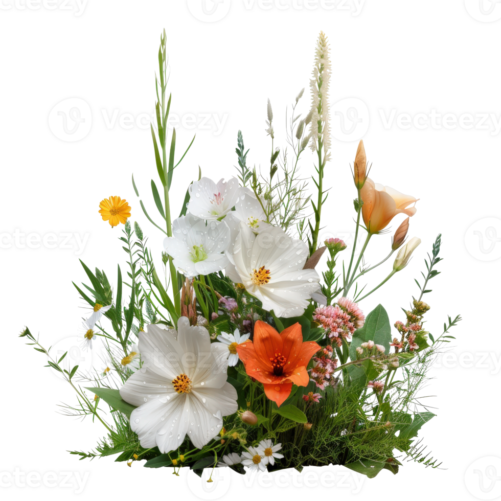 Beautiful Arrangement of Colorful Flowers with Lush Greenery and Water Droplets png
