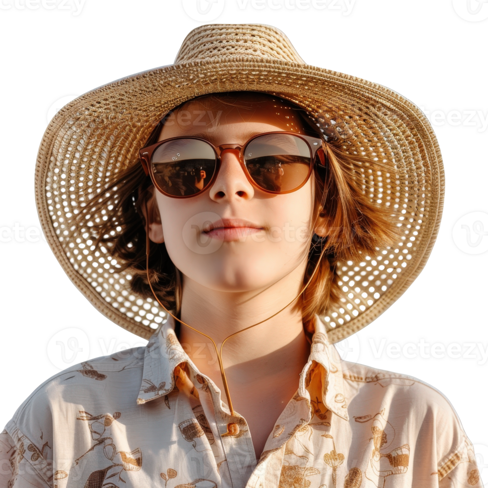 Young Person Wearing Stylish Sunglasses and Wide-Brimmed Hat in Bright Summer Setting png