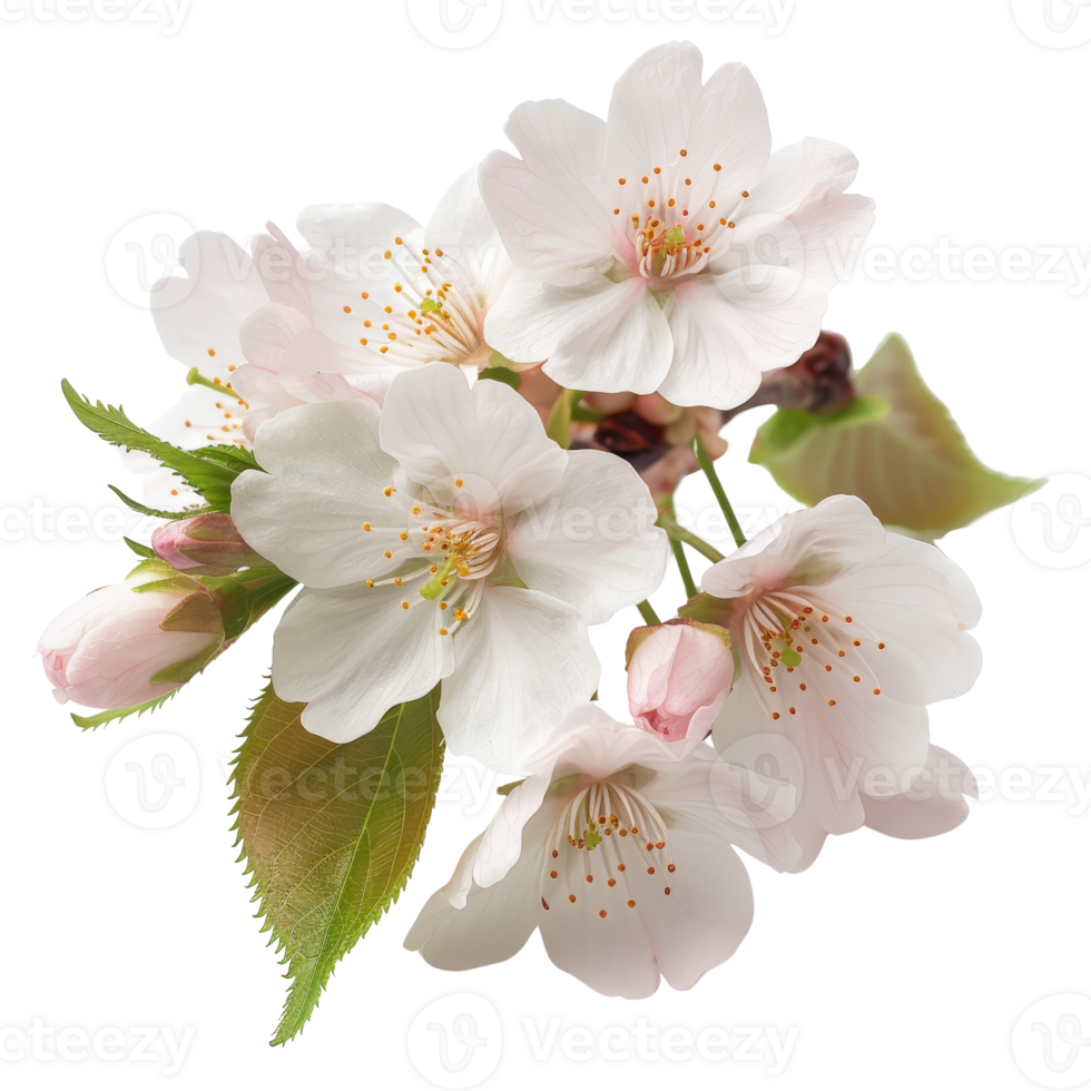 Delicate Cherry Blossom Flowers with Soft Pink Petals and Fresh Green Leaves on Branch png