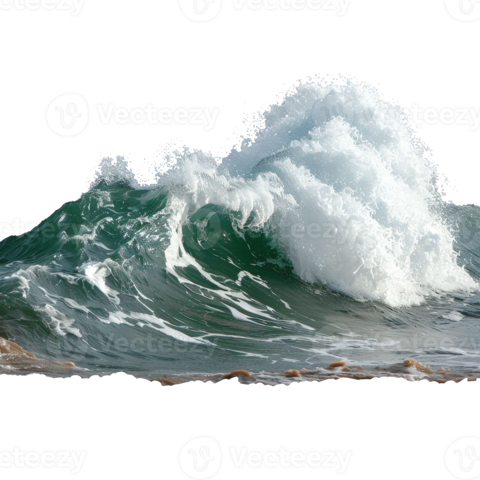 Powerful Ocean Wave Crashing on Shore with Dynamic Texture and Bright Blue Water Reflection png