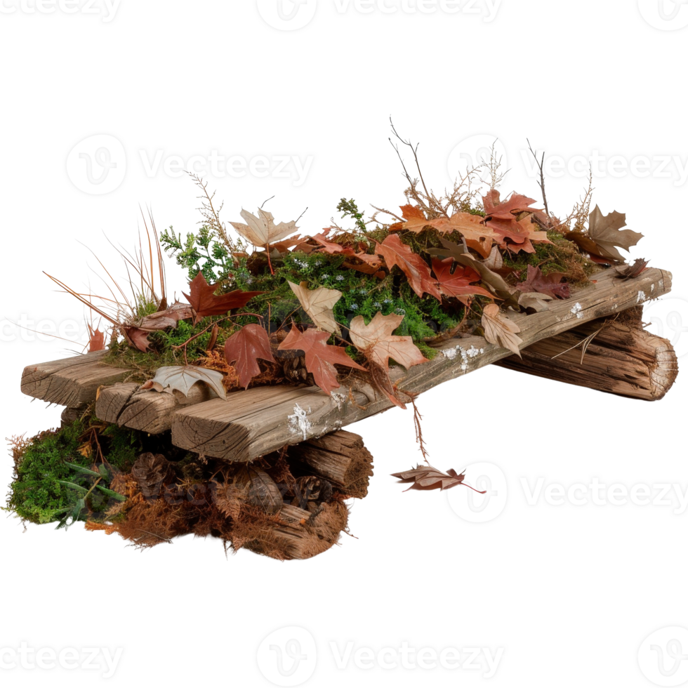 Natural Wooden Display with Colorful Autumn Leaves and Fresh Green Moss for Seasonal Decor png