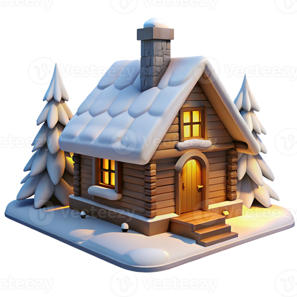 serene creative A rustic log cabin, nestled in snow-covered mountains, lit by a crackling fireplace, rendered in a cozy, illustrative style detailed png