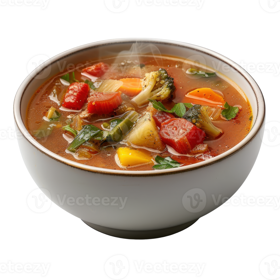 Fresh Vegetable Soup with Colorful Ingredients and Steam Rising from a White Bowl png