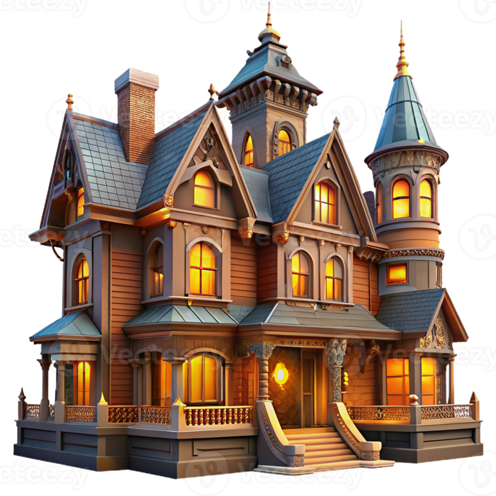 dramatic artistic A grand Victorian mansion, intricate brickwork and stained glass windows, lit by warm interior lights, rendered in a painterly style professional png