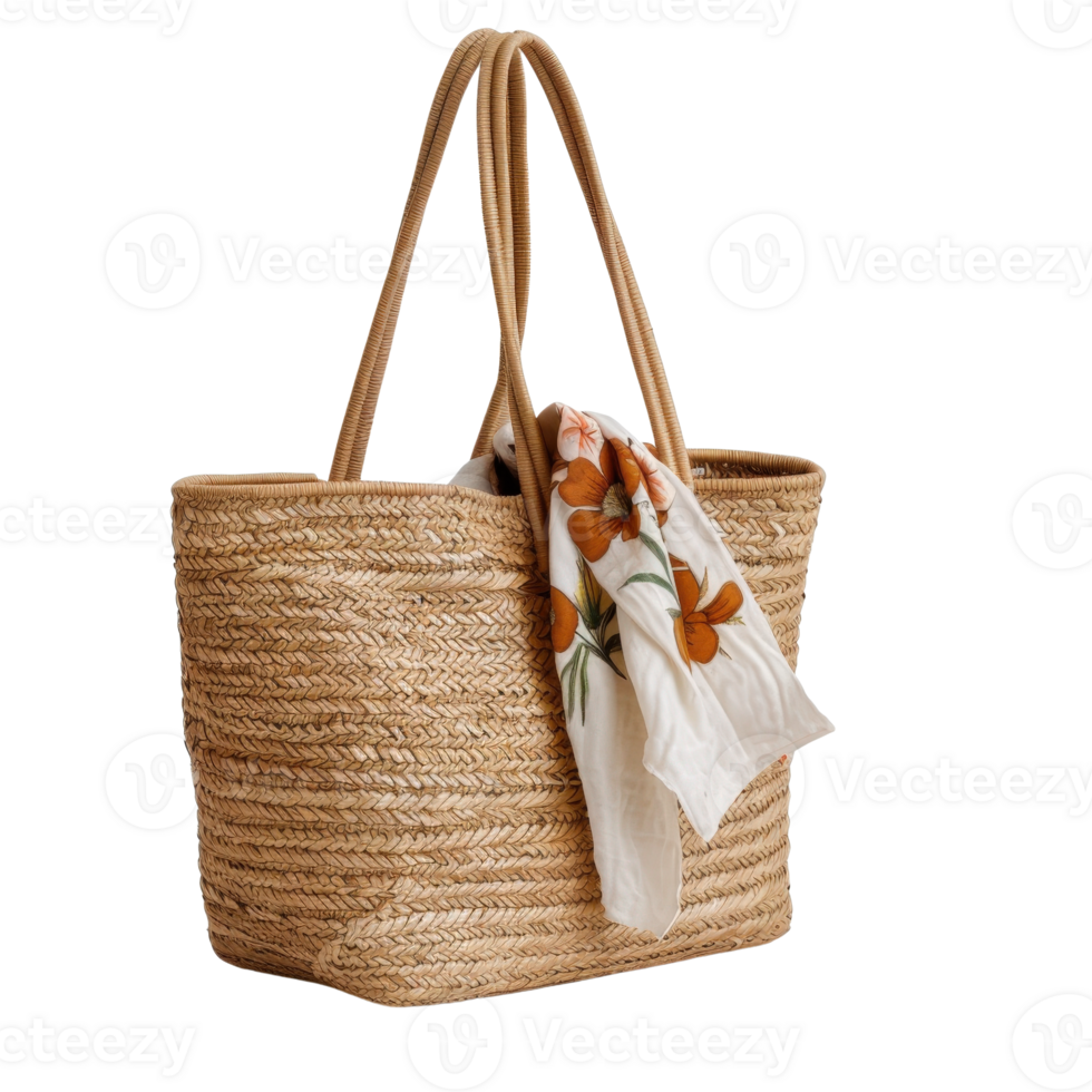 Woven Straw Tote Bag with Floral Scarf for Beach and Summer Essentials png
