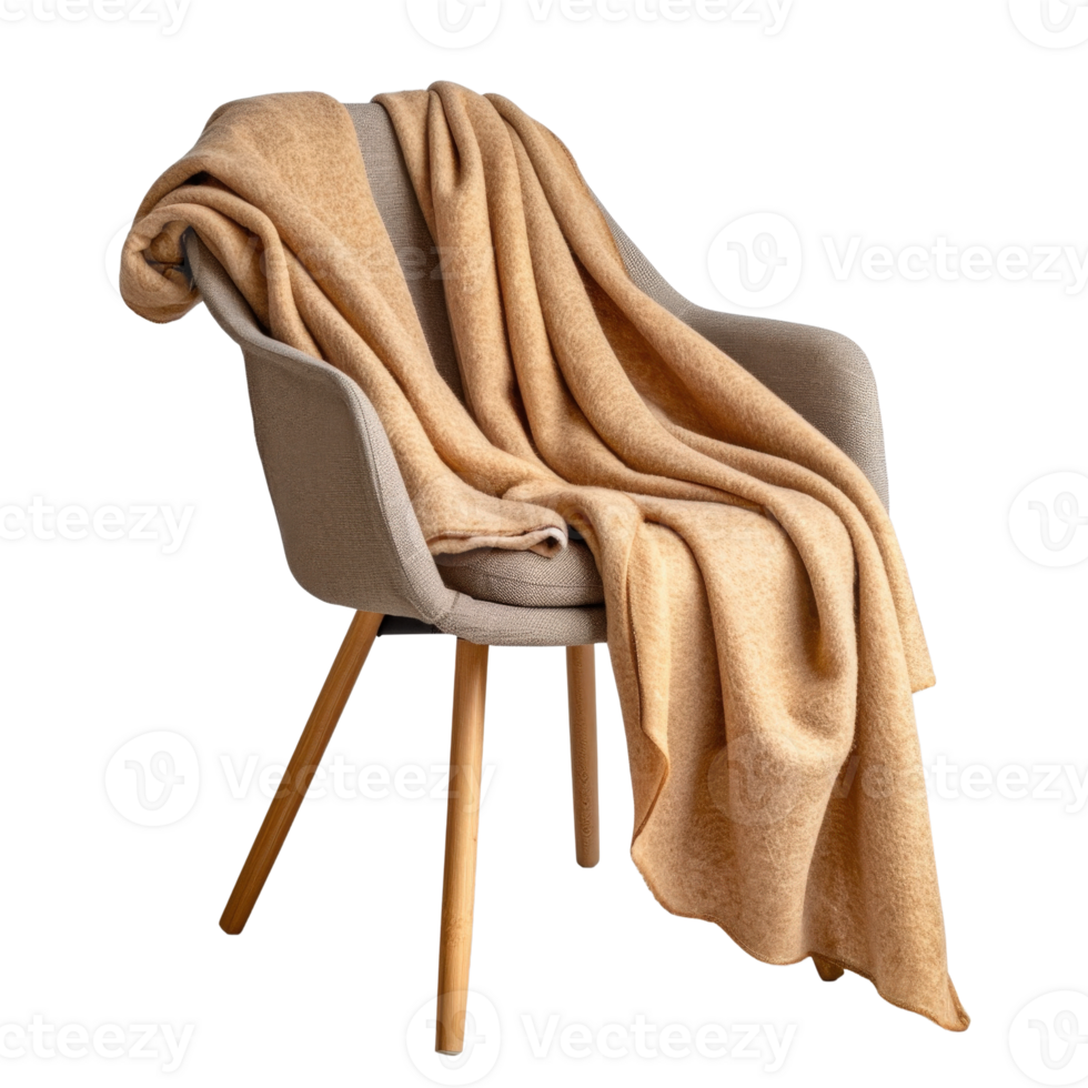 Cozy beige blanket draped over modern armchair in stylish interior home setting png
