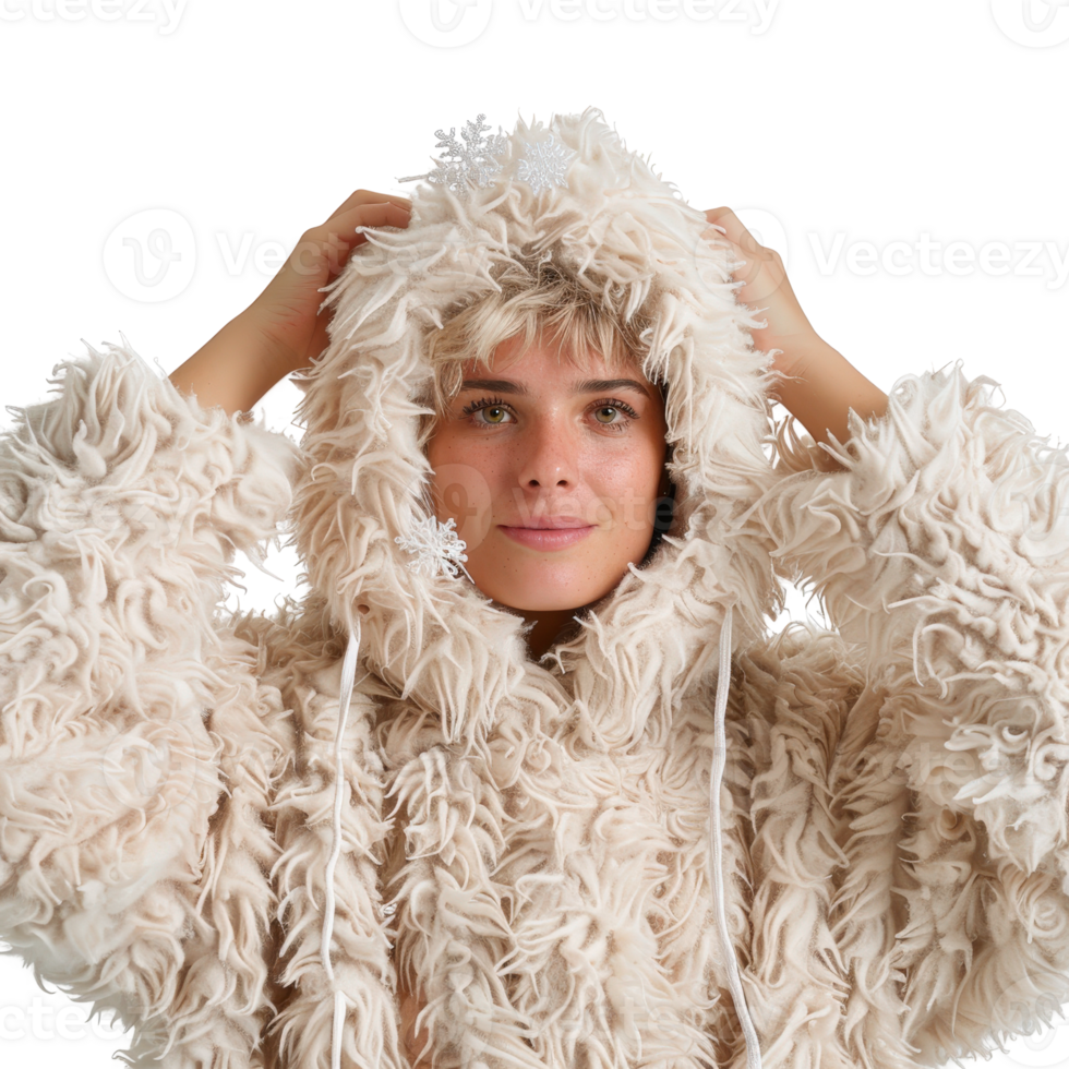 Cozy Person in Plush Cream Hooded Jacket with Fluffy Texture and Soft Feel png