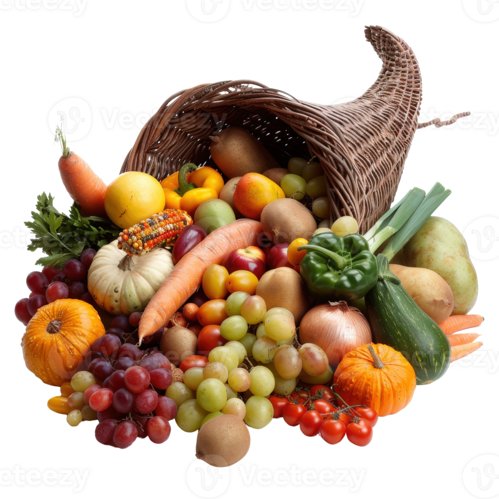 Abundant Collection of Fresh Fruits and Vegetables in Cornucopia Arrangement for Harvest Season png