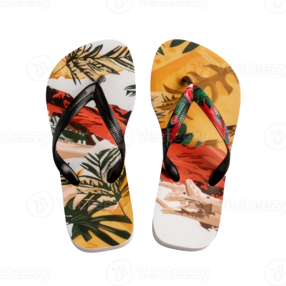 Colorful Summer Flip Flops with Tropical Print Perfect for Beach and Casual Outfits png