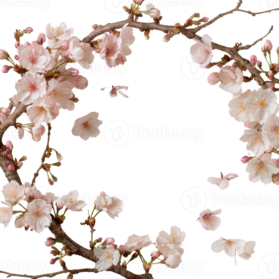Delicate Cherry Blossom Branch with Pink Flowers and Buds Against a Black Background png