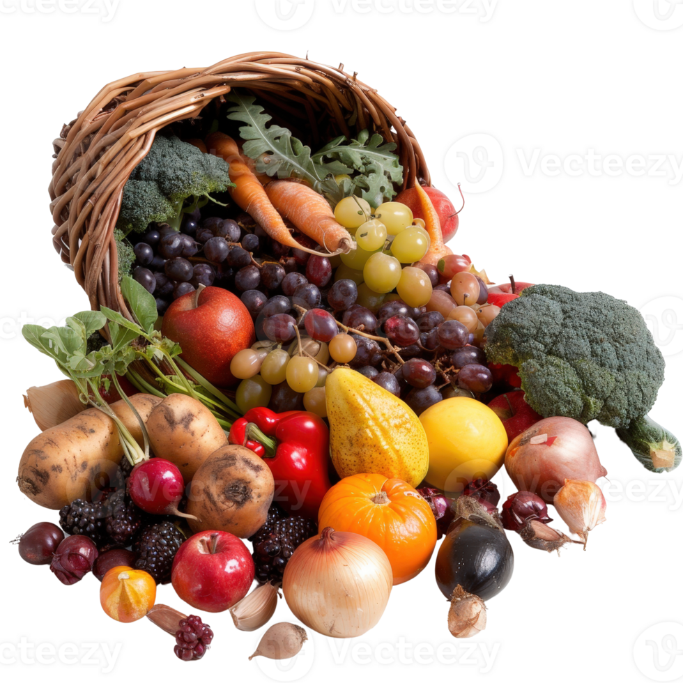 Fresh and Vibrant Vegetables and Fruits Spilling from a Rustic Basket on White Background png