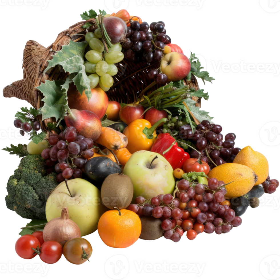Abundant Harvest of Fresh Fruits and Vegetables in a Rustic Basket Overflowing on Display png
