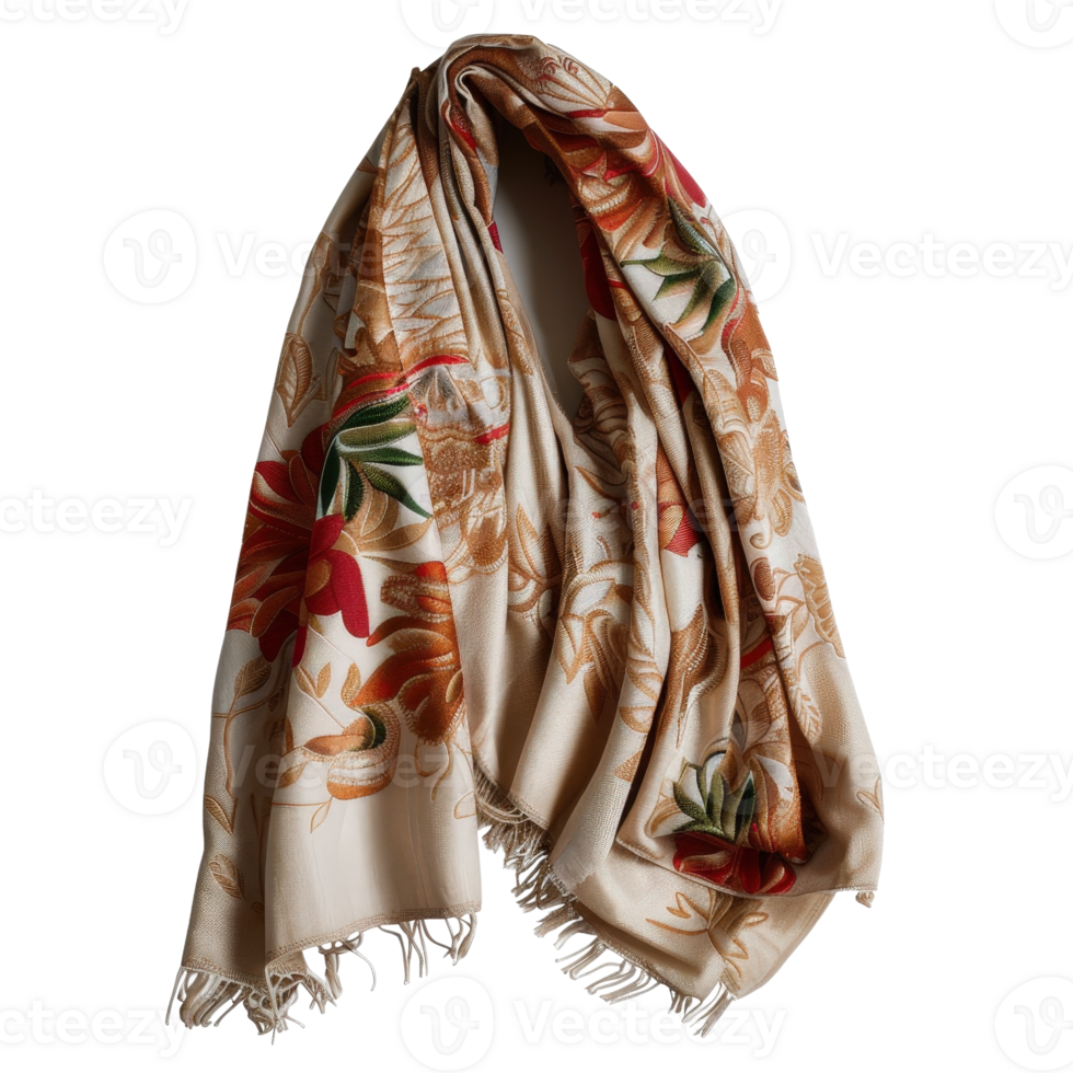 Elegant floral patterned scarf draped gracefully with intricate design elements and soft fabric png