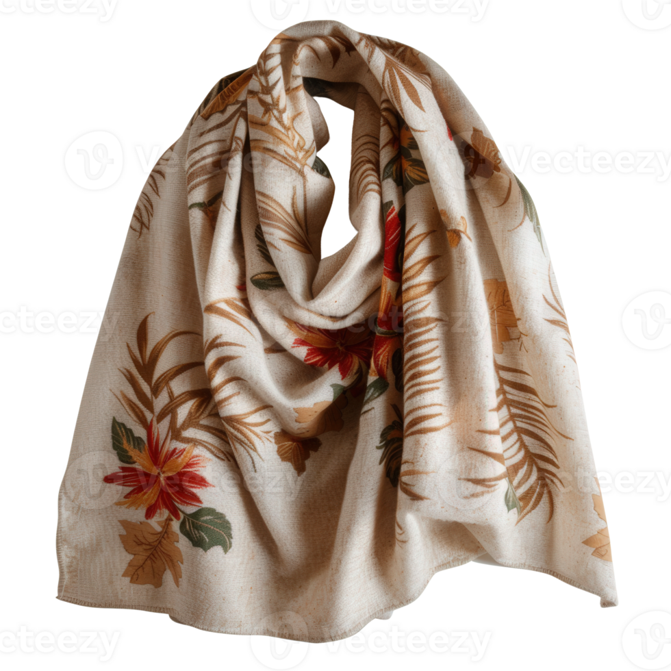 Elegant floral patterned scarf draped on a mannequin with warm tones and soft texture png