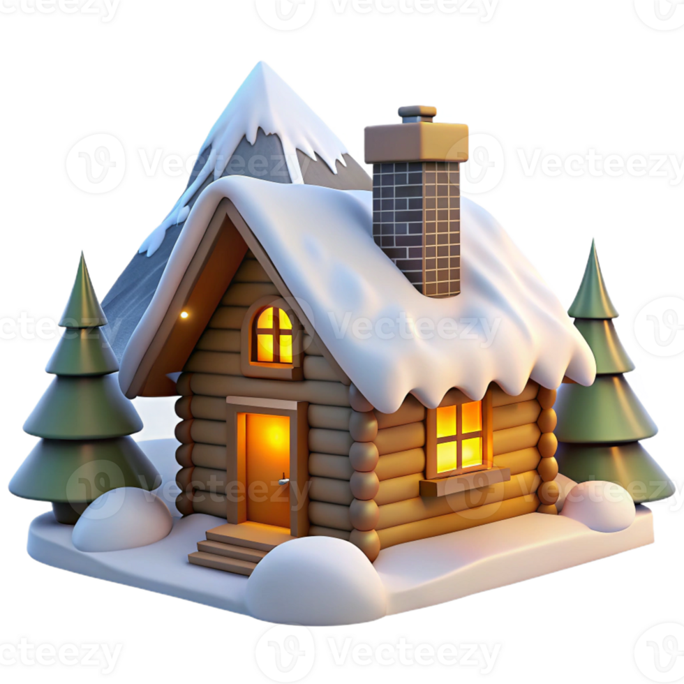 magnificent modern A rustic log cabin, nestled in snow-covered mountains, lit by a crackling fireplace, rendered in a cozy, illustrative style professional png