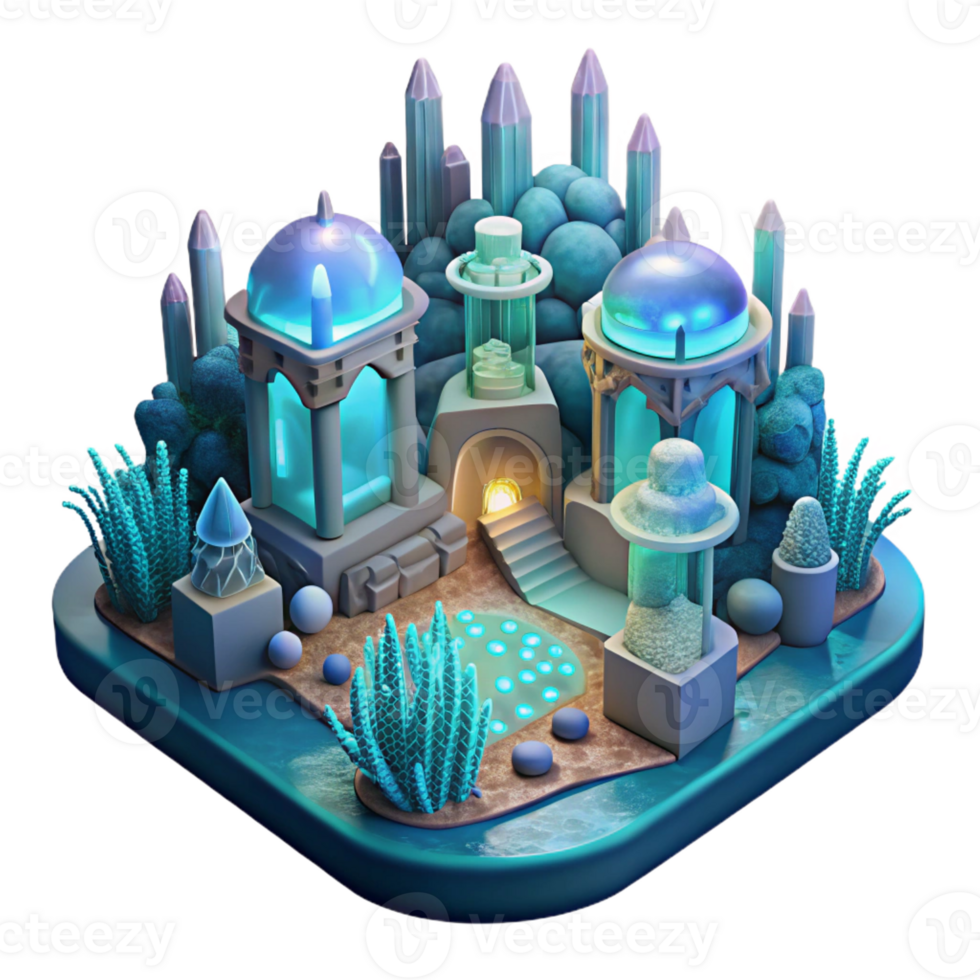 stunning artistic An underwater city, bioluminescent coral structures and glowing walkways, deep ocean lighting, rendered in a fantasy style professional png