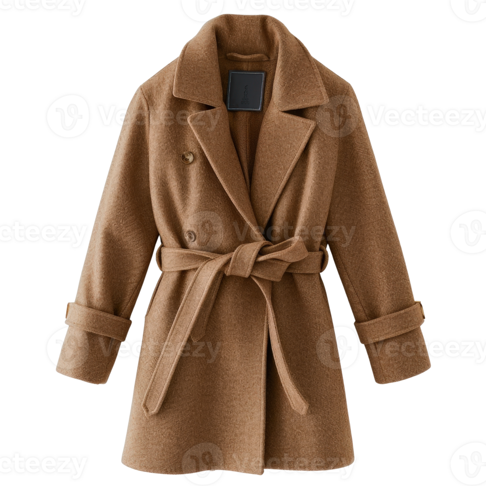 Stylish Brown Coat with Belted Waist and Classic Lapels for Warmth and Fashion in Winter png