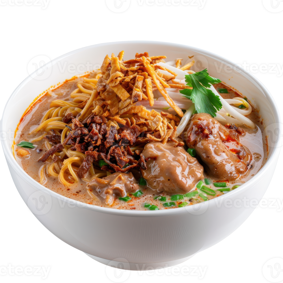 Delicious Bowl of Spicy Noodle Soup Topped with Crispy Onions and Fresh Herbs png