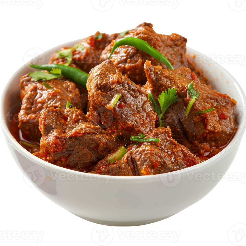 Delicious and Spicy Beef Curry in Authentic Bowl with Colorful Garnish and Green Peppers png