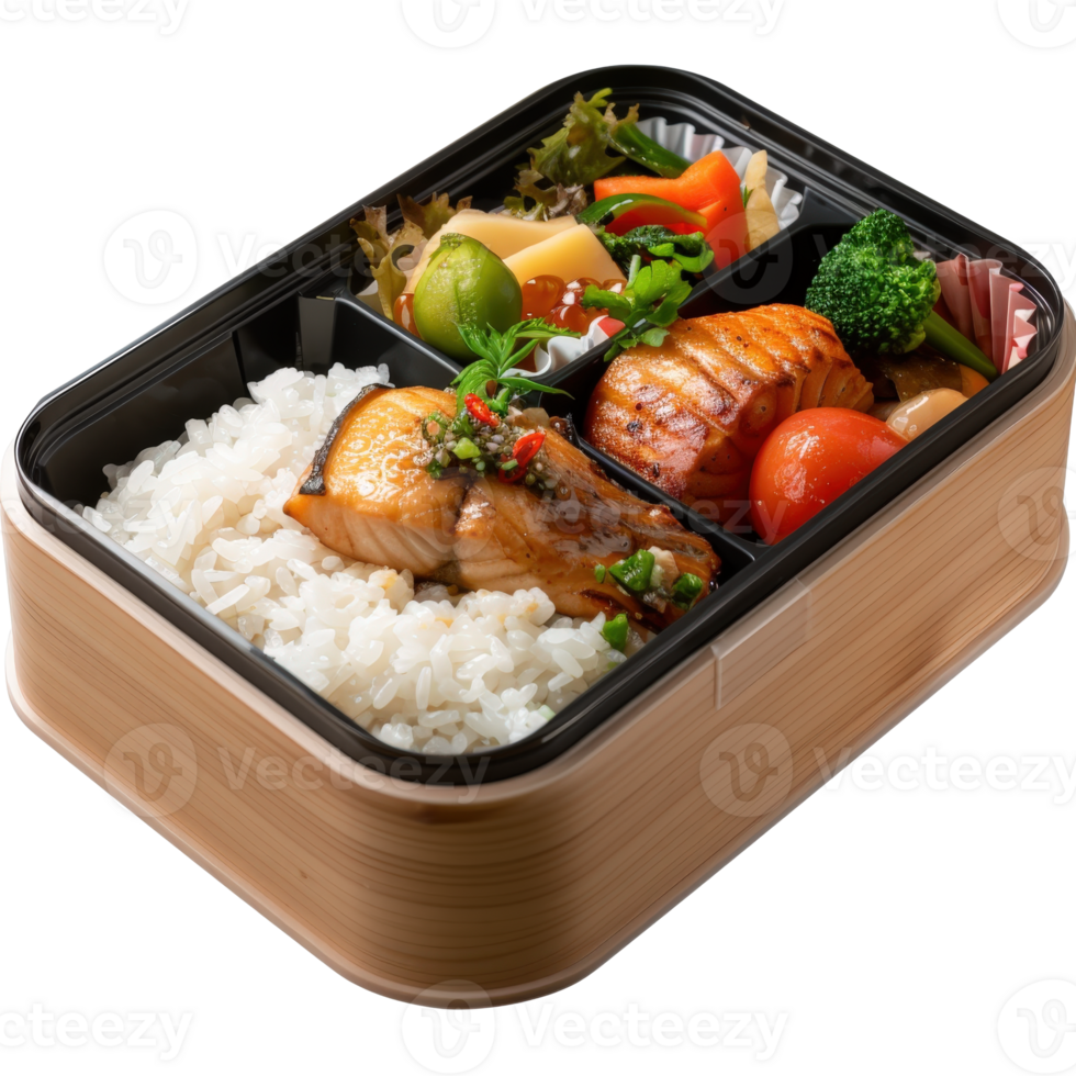 Delicious Japanese Bento Box with Salmon, Rice, Fresh Vegetables, and Colorful Presentation png