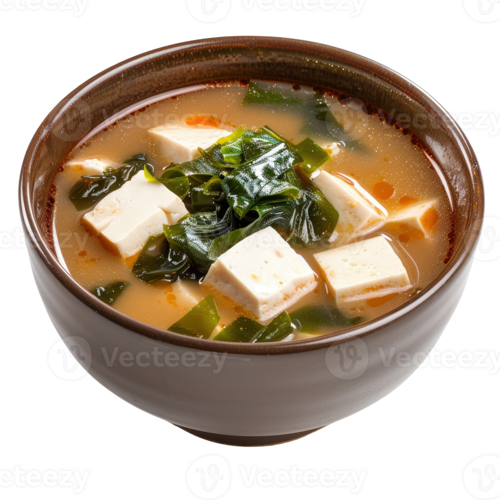 Tasty Japanese Miso Soup with Tofu, Seaweed, and Vegetables Served in a Bowl on White Background png