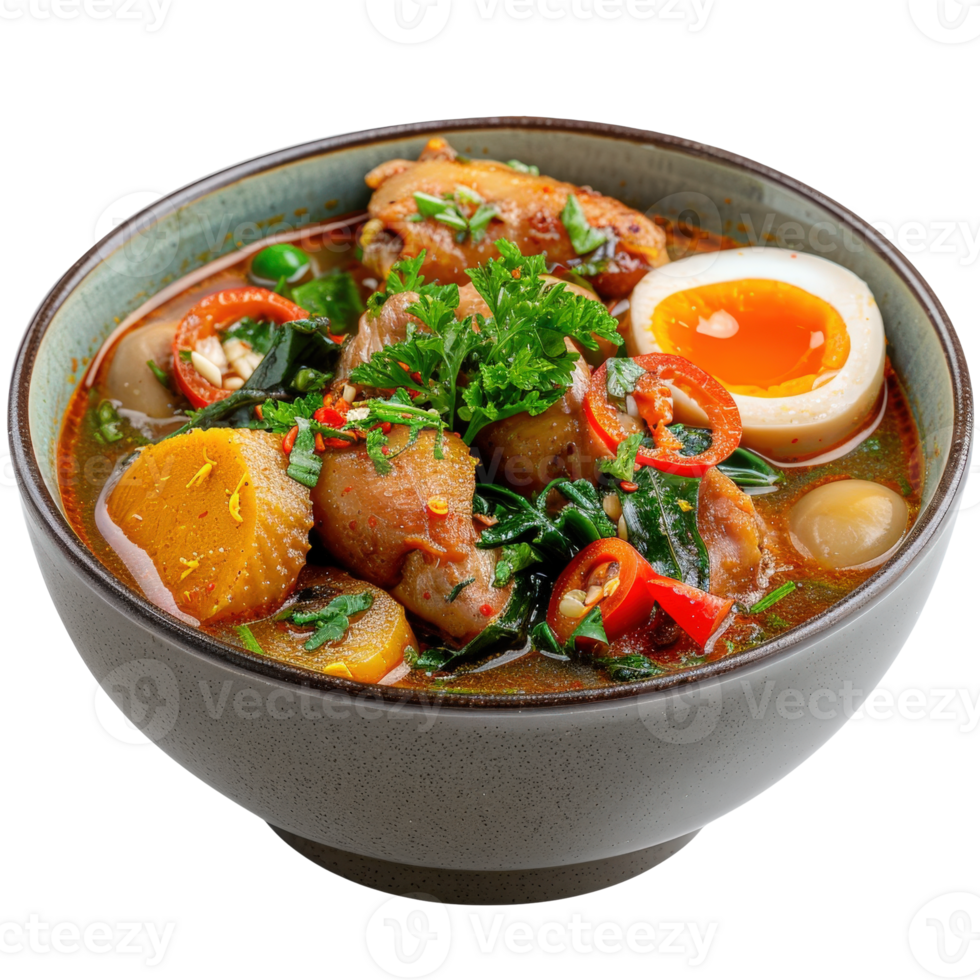 Freshly Prepared Spicy Chicken Soup with Vegetables and Egg in a Bowl png