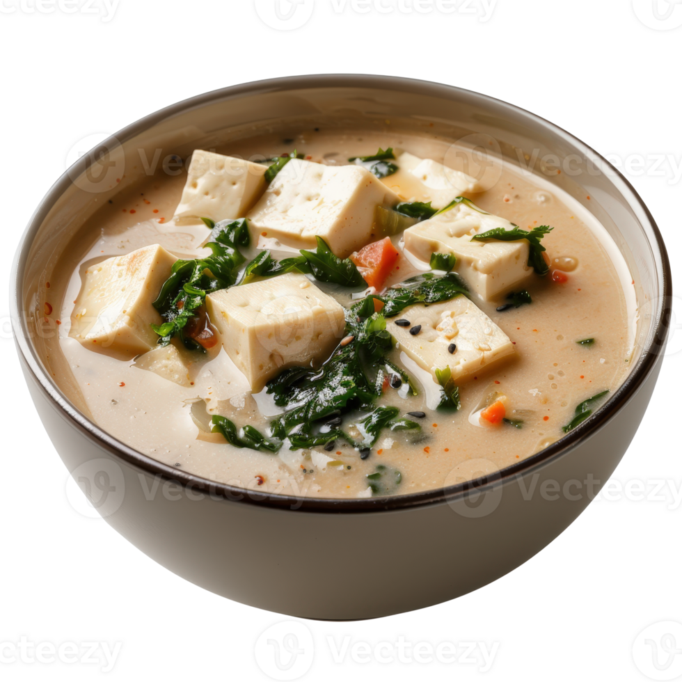 Creamy Tofu Soup with Fresh Spinach and Tomato in a Rustic Bowl on a White Background png