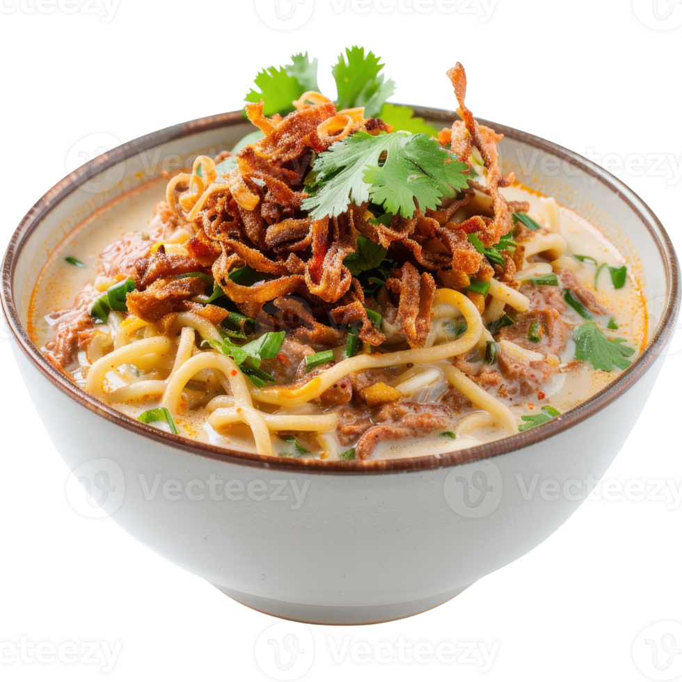 Creamy Noodle Soup with Crispy Onions and Fresh Herbs in a White Bowl png