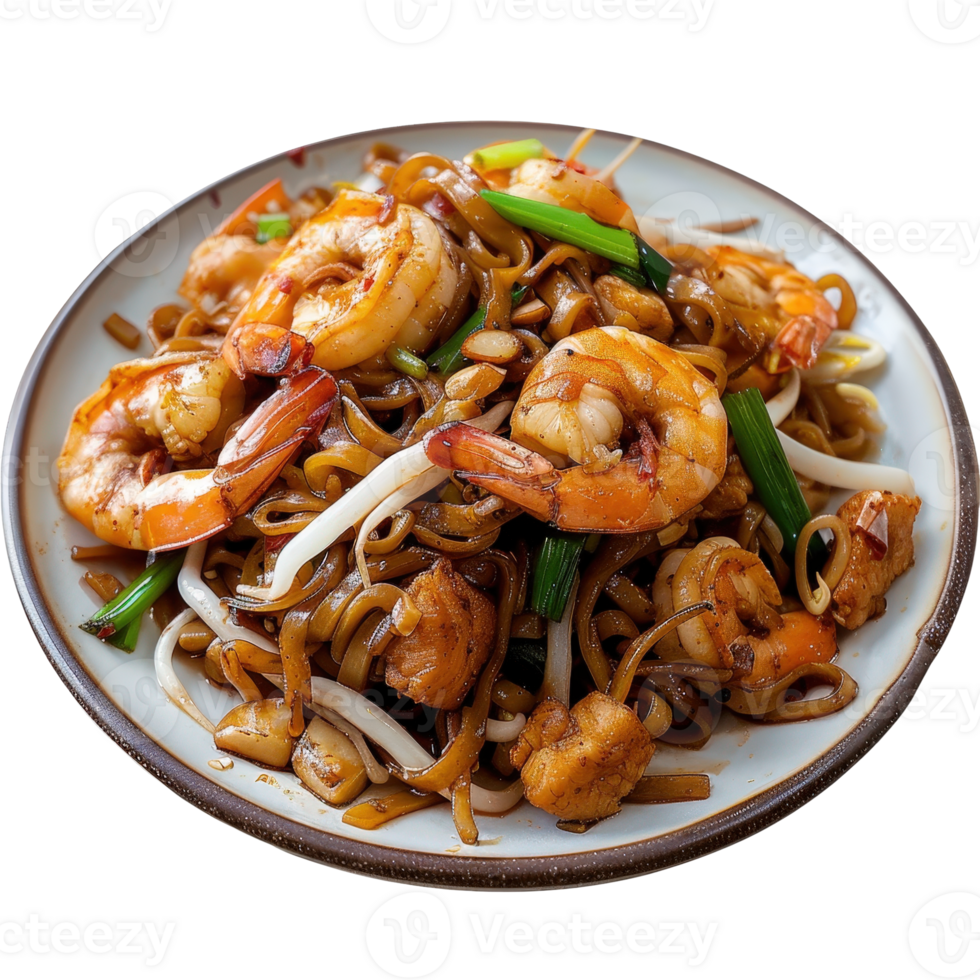 Shrimp Stir-Fried Noodles with Vegetables and Soy Sauce on a White Plate png