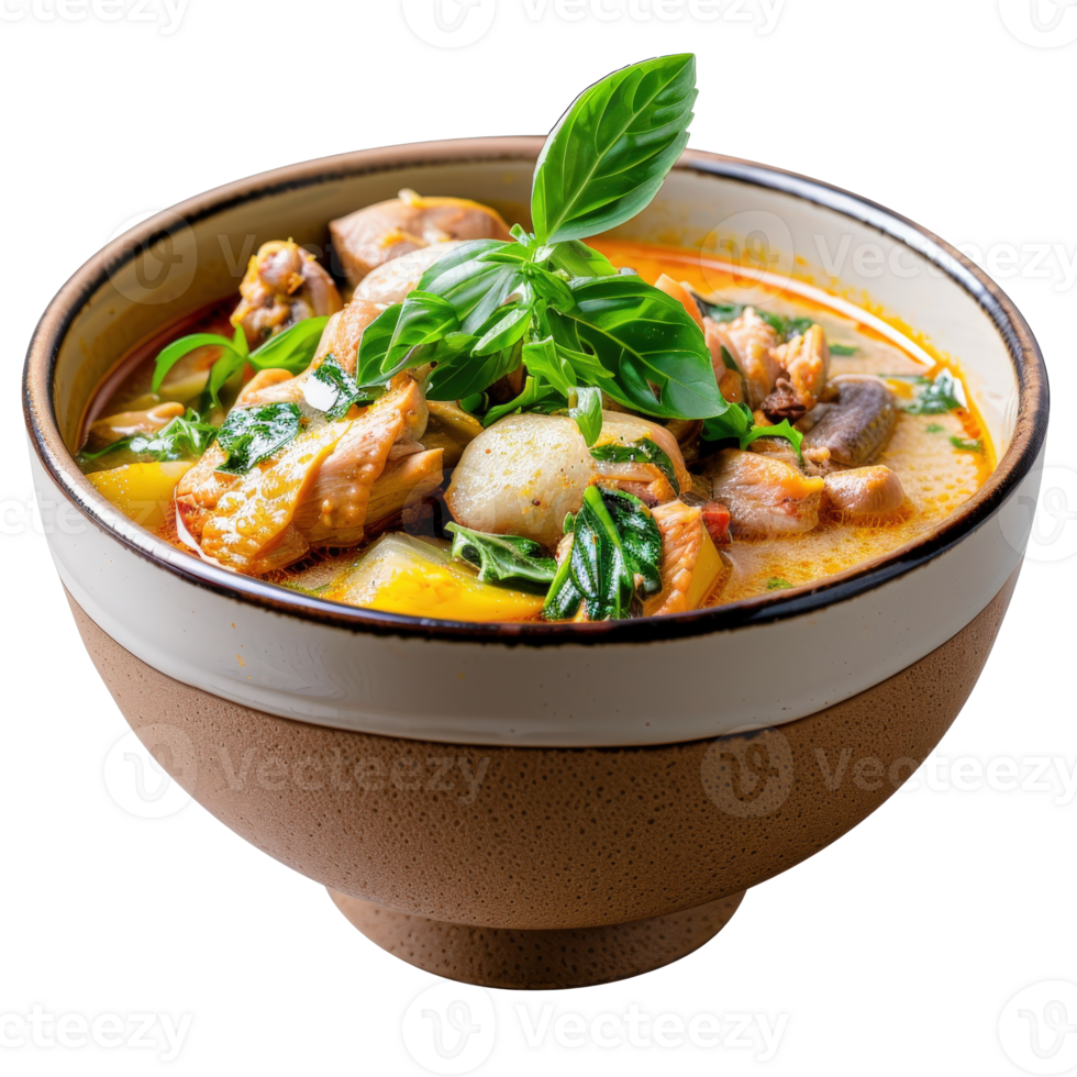 Delicious Thai Spicy Soup with Chicken, Vegetables, and Fresh Herbs in Bowl png