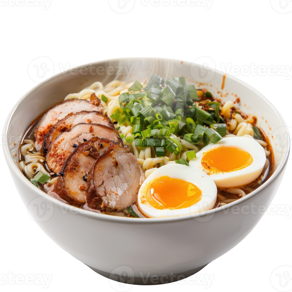 Delicious Bowl of Noodle Soup with Sliced Meat, Green Onions, and Soft Boiled Eggs png